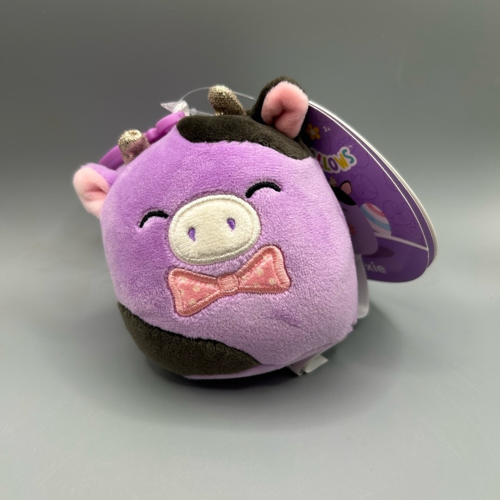 Squishmallows 3.5" Alexie The Cow Pink Bow Tie Purple Easter 2025 Clip NEW